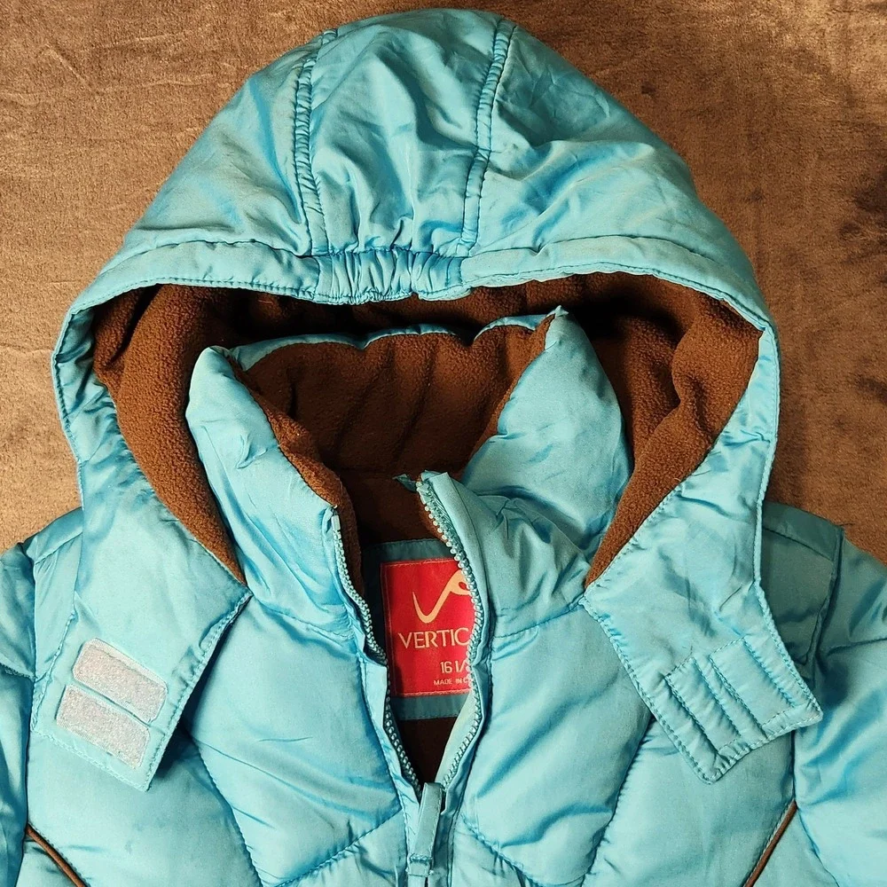 Vertical 9 Girls Size 16 1/2 Plus Aqua Blue Hooded Puffer Jacket Winter Snow Coa